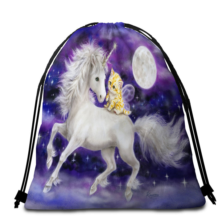 Purple Travel Beach Towel Space Unicorn and Ginger Kitten