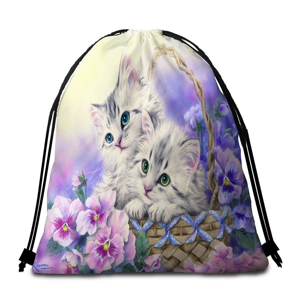Purple Violet Beach Towel Bags with Flowers Sweet Spring Basket Kittens