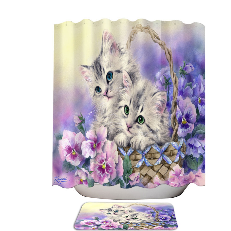 Purple Violet Shower Curtains with Flowers Sweet Spring Basket Kittens