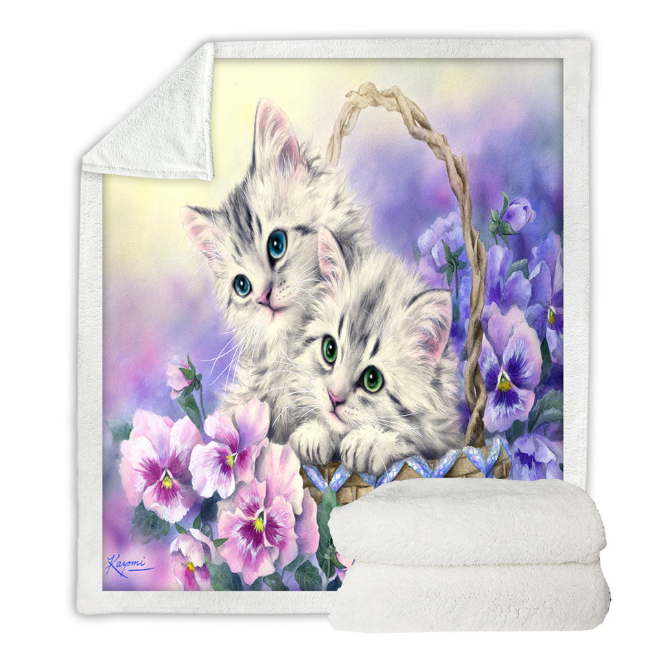 Purple Violet Sofa Blankets with Flowers Sweet Spring Basket Kittens