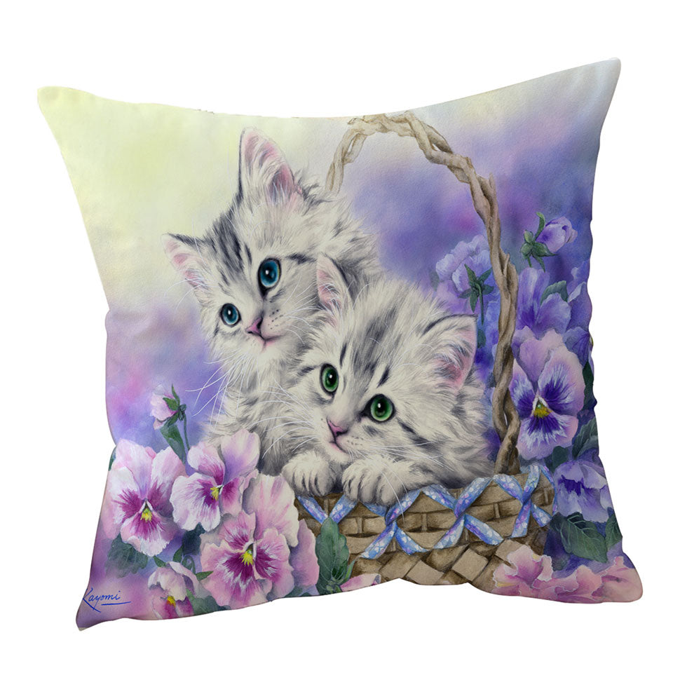 Purple Violet Throw Pillows with Flowers Sweet Spring Basket Kittens