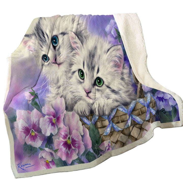Purple Violet Throws with Flowers Sweet Spring Basket Kittens