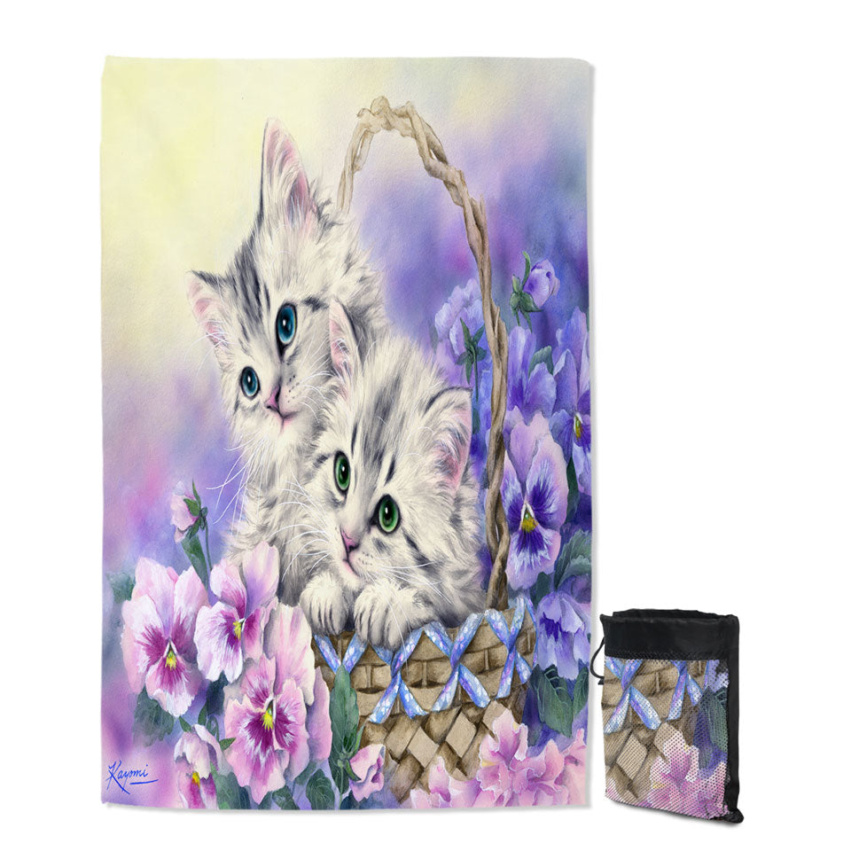 Purple Violet Unique Beach Towels with Flowers Sweet Spring Basket Kittens