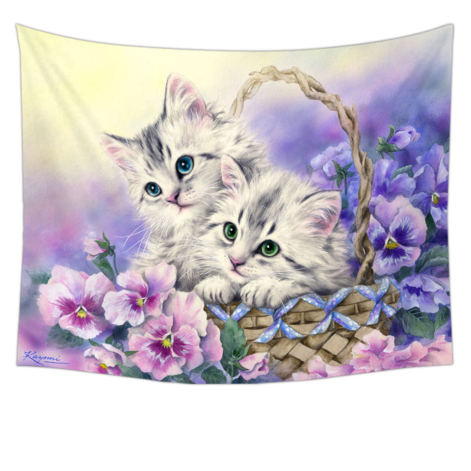 Purple Violet Wall Decor with Flowers Sweet Spring Basket Kittens Tapestry Wall Hanging