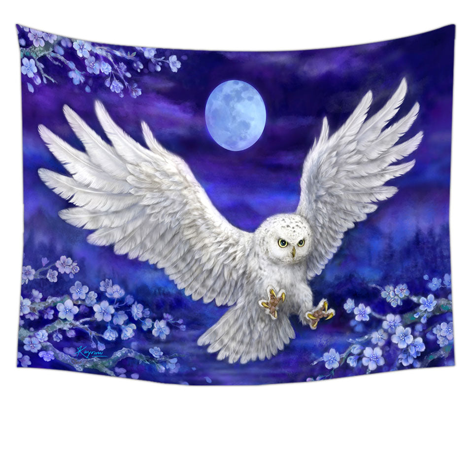 Purple Wall Decor Skies Moon Flowers and White Owl Tapestry
