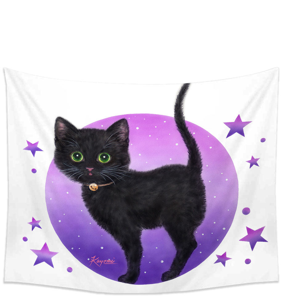 Purple Wall Decor Tapestry Stars Full Moon and Black Kitty Cat