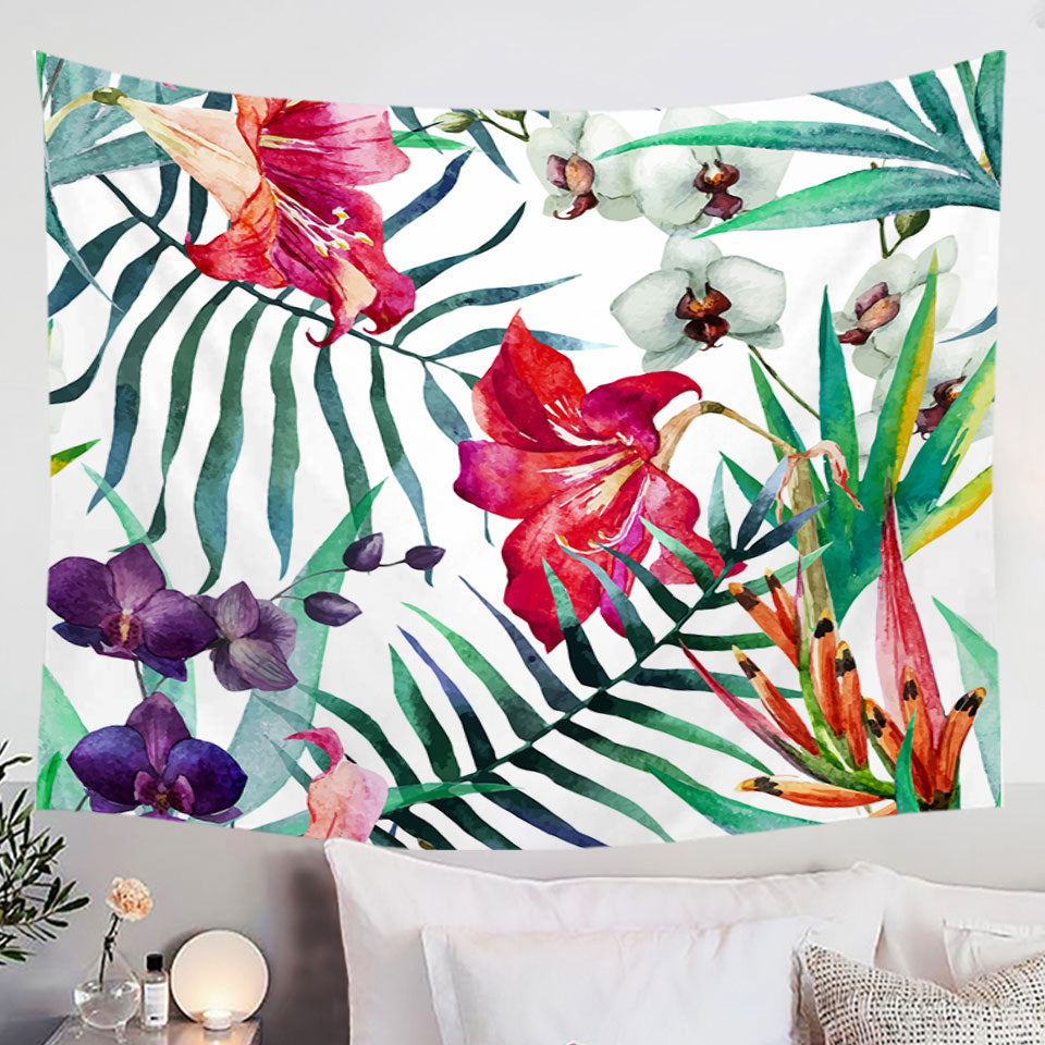 Purple White Orchid and Red Hibiscus Wall Decor Tapestry