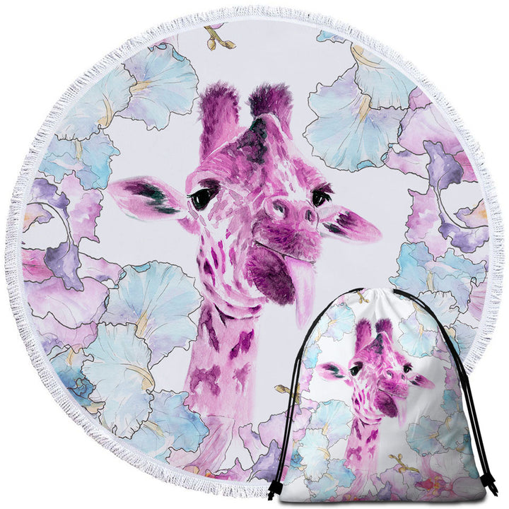 Purplish Art Painting Giraffe Beach Towels and Bags Set