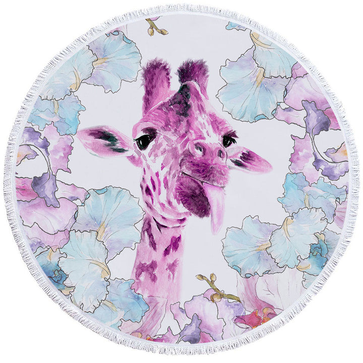 Purplish Art Painting Giraffe Circle Beach Towel