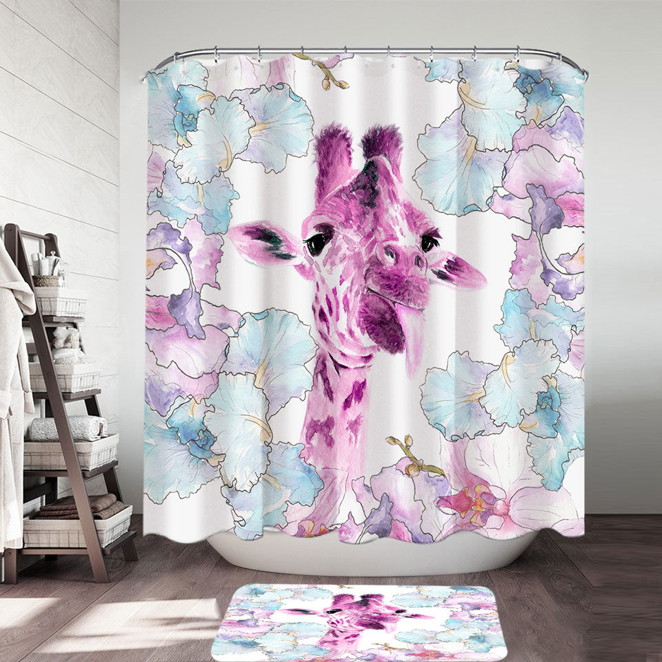 Purplish Art Painting Giraffe Fabric Shower Curtains