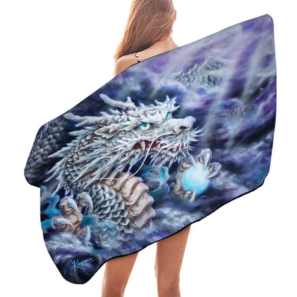 Purplish Fantasy Art Silver Dragon Beach Towels