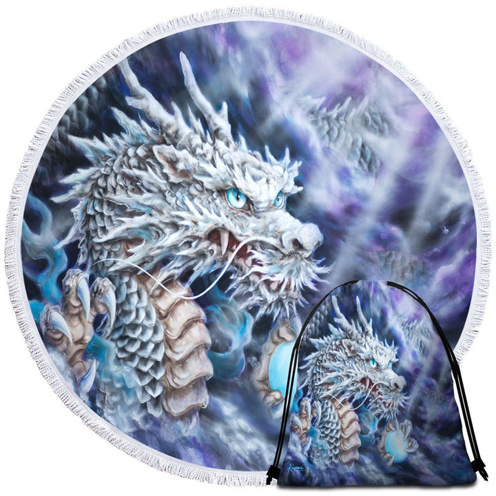 Purplish Fantasy Art Silver Dragon Round Beach Towel