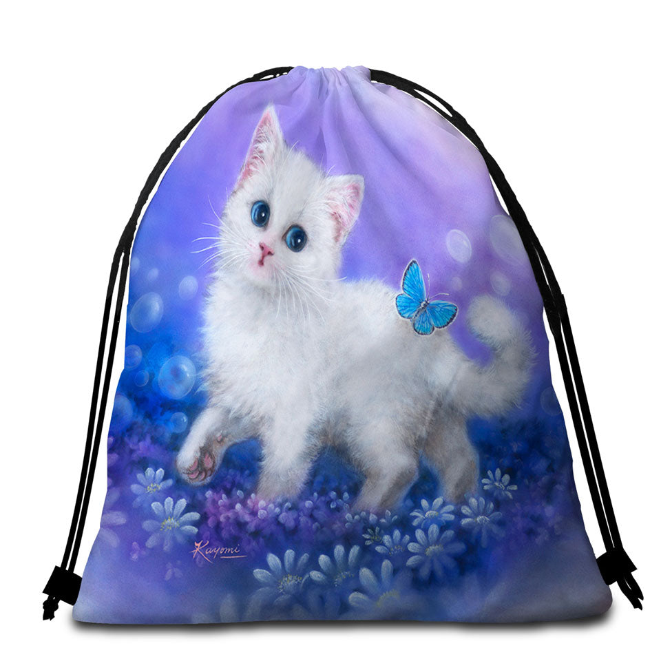 Purplish Garden White Kitten and Butterfly Beach Towels and Bags Set