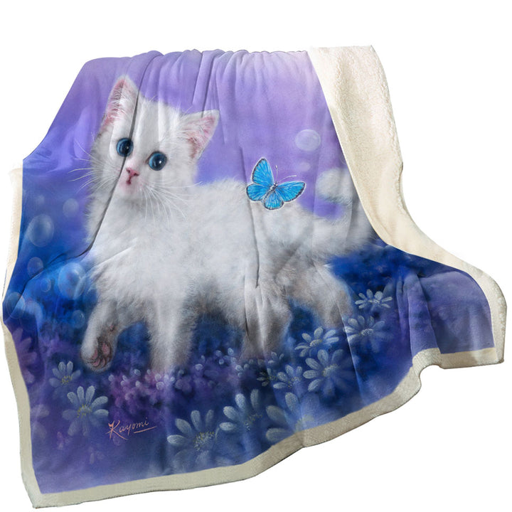 Purplish Garden White Kitten and Butterfly Sherpa Blanket