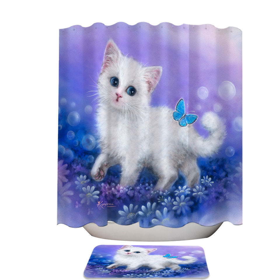 Purplish Garden White Kitten and Butterfly Shower Curtains and Bathroom Rugs