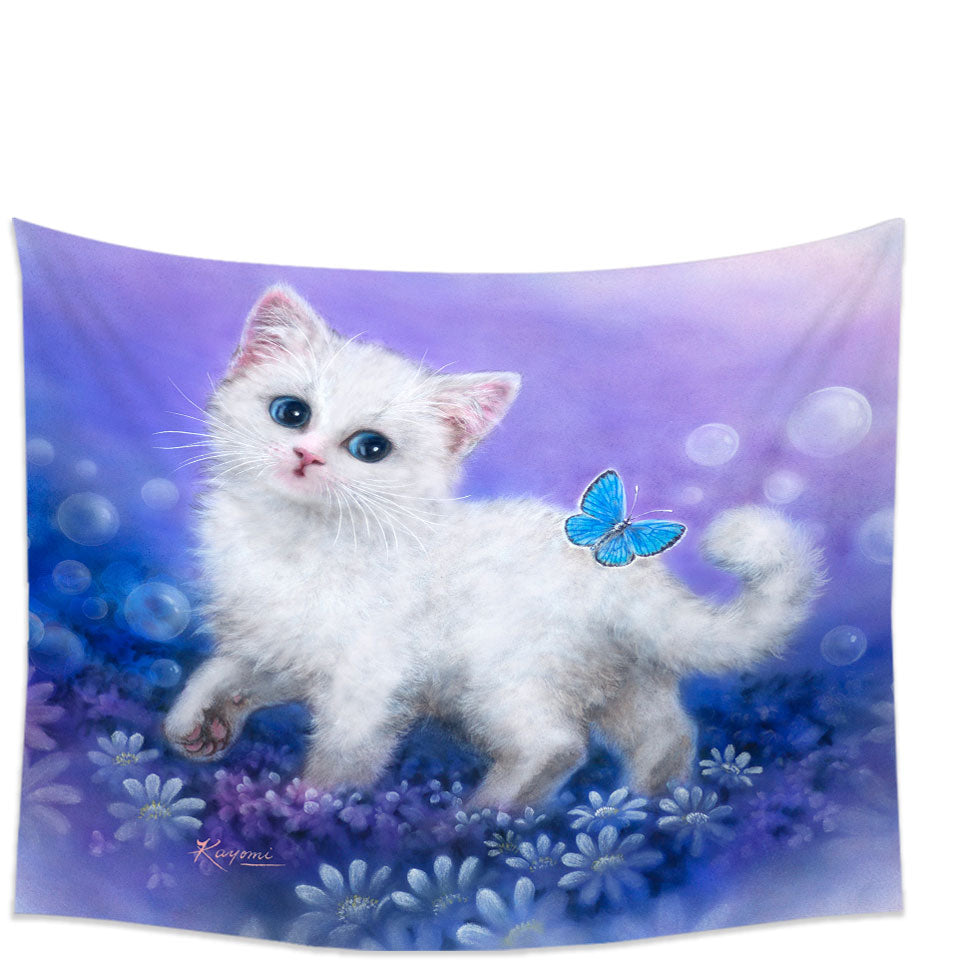 Purplish Garden White Kitten and Butterfly Tapestry Wall Decor
