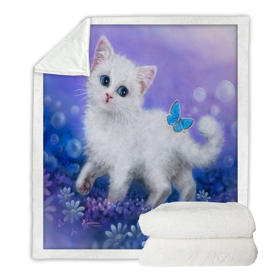 Purplish Garden White Kitten and Butterfly Throw Blanket