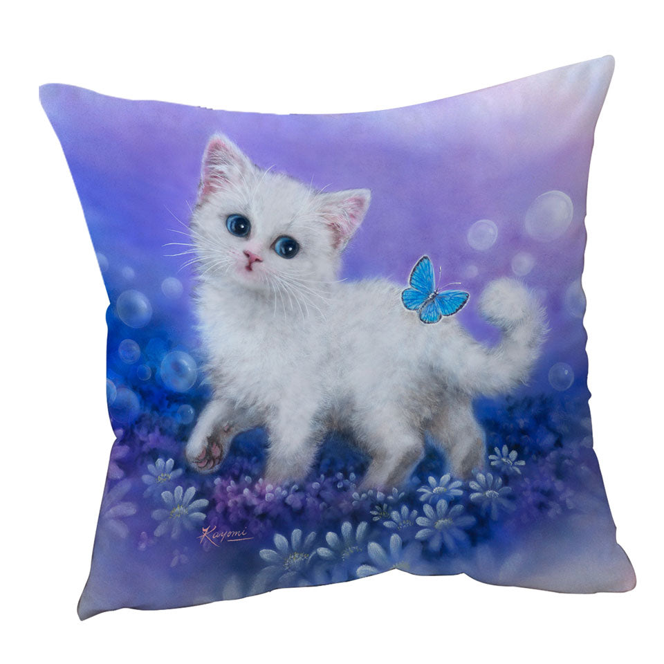 Purplish Garden White Kitten and Butterfly Throw Pillow