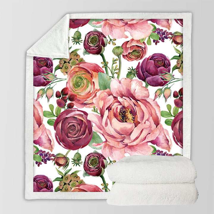 Purplish Red Floral Throw Blanket