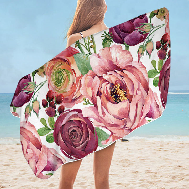Purplish Red Floral Womens Beach Towel