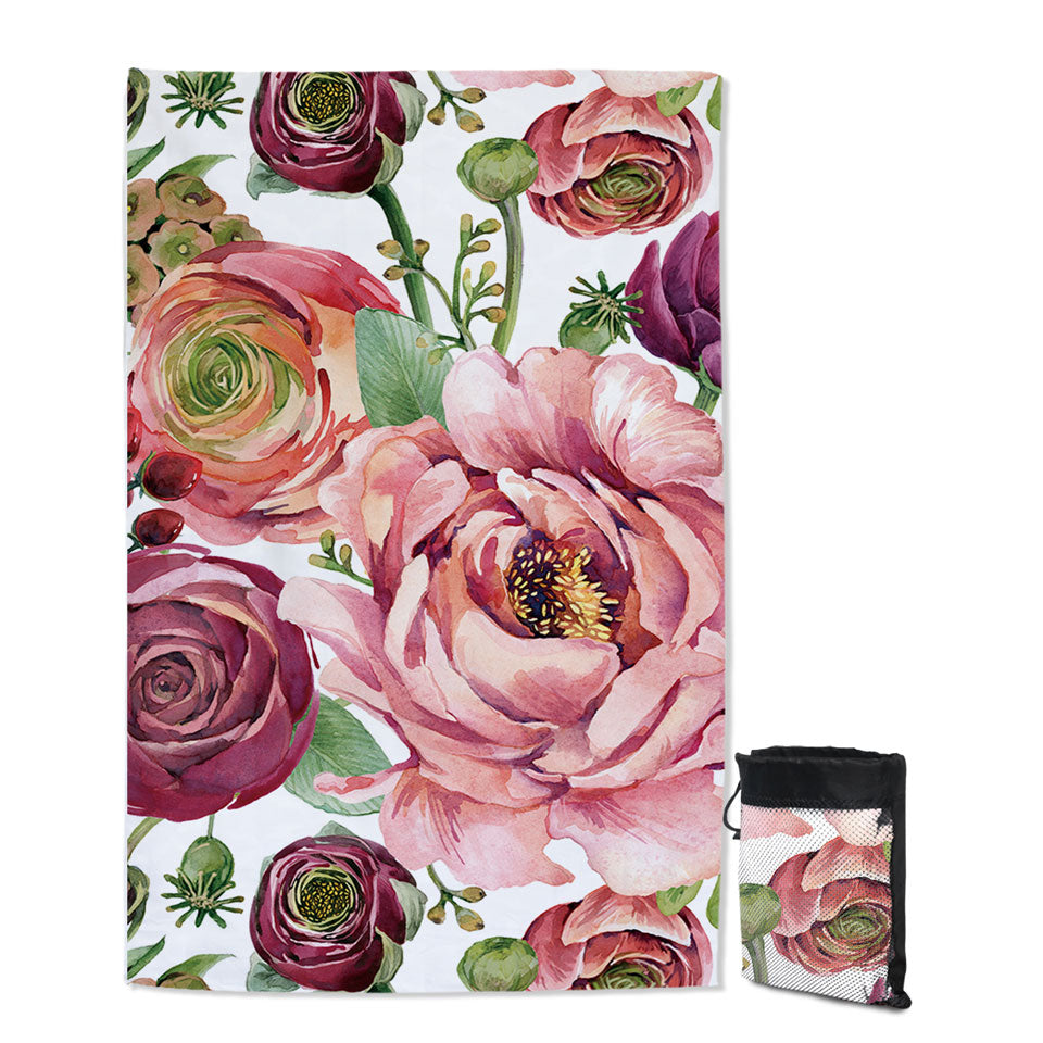 Purplish Red Floral Womens Beach Towels for Travel