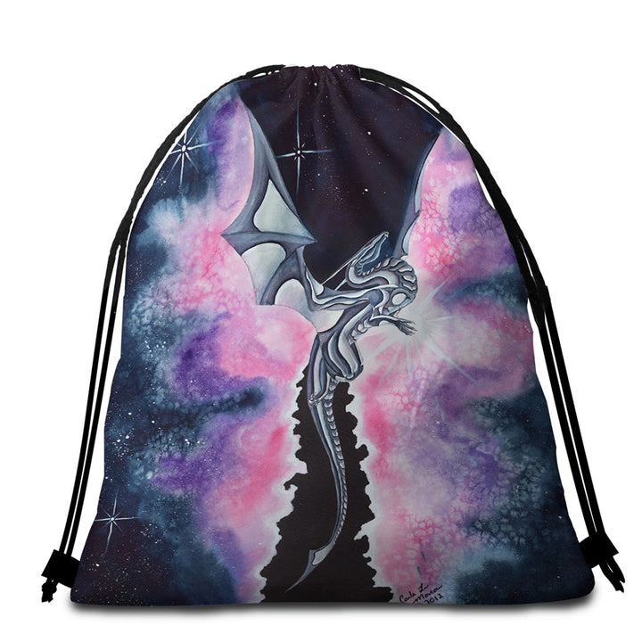Purplish Space Beach Towel Bags with Dragon Flying through the Cosmos