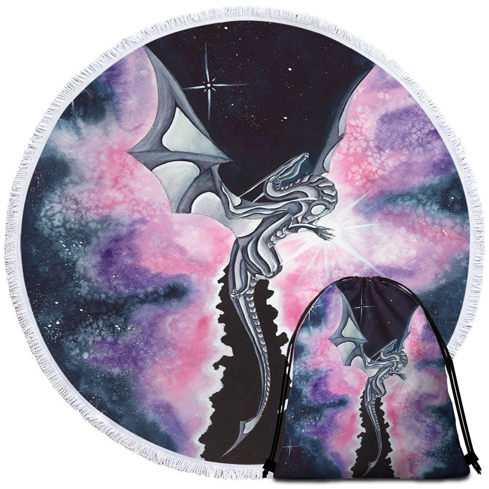Purplish Space Beach Towels on Sale with Dragon Flying through the Cosmos
