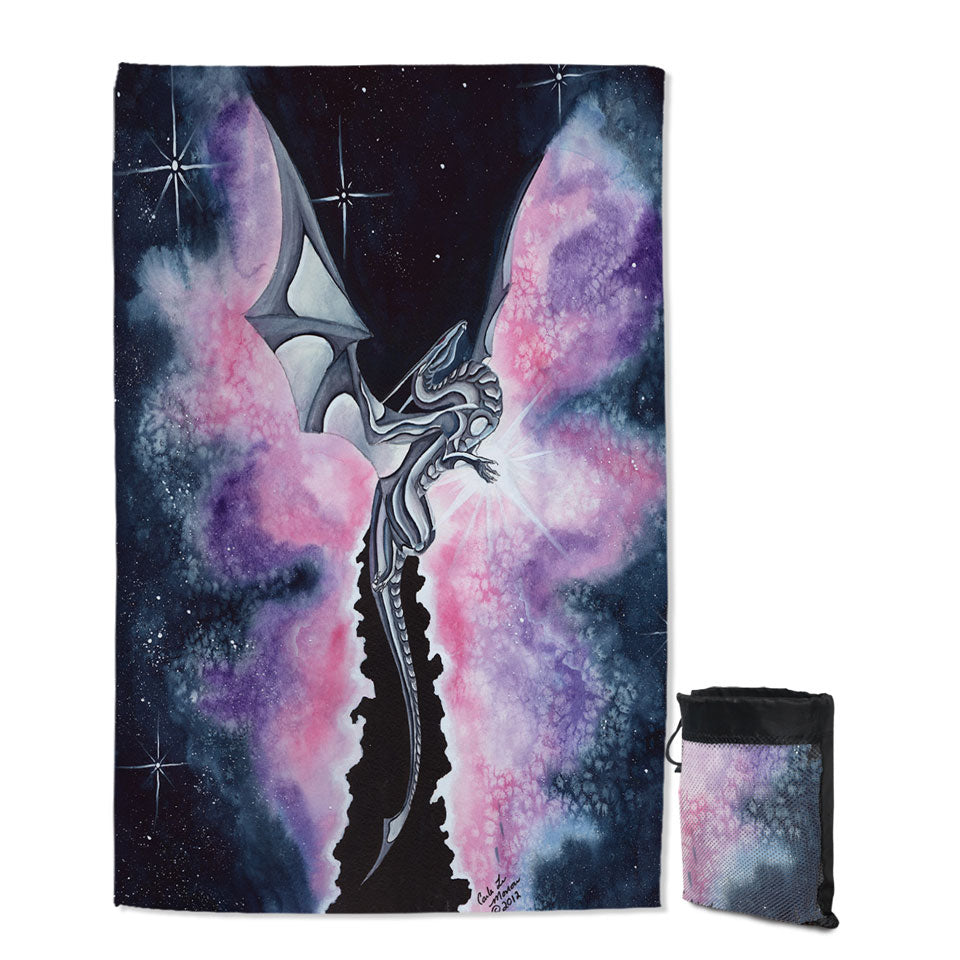 Purplish Space Pool Towel with Dragon Flying through the Cosmos