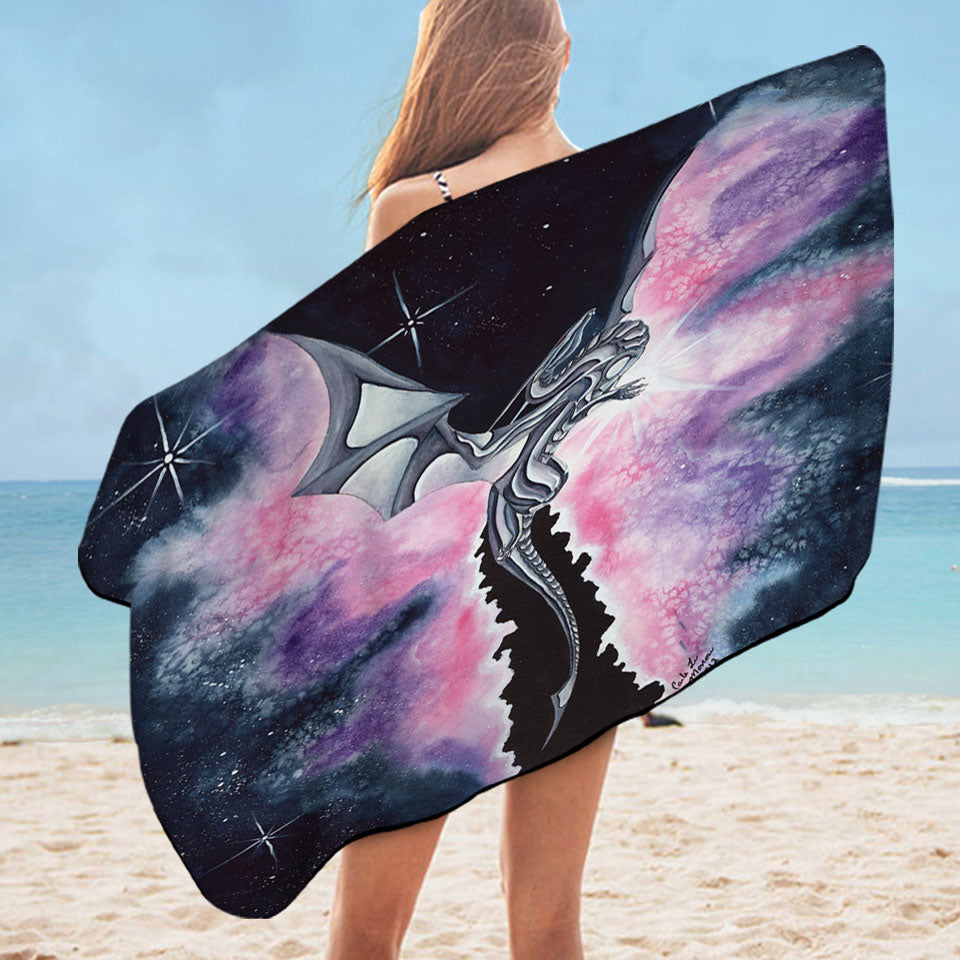 Purplish Space Swims Towel with Dragon Flying through the Cosmos