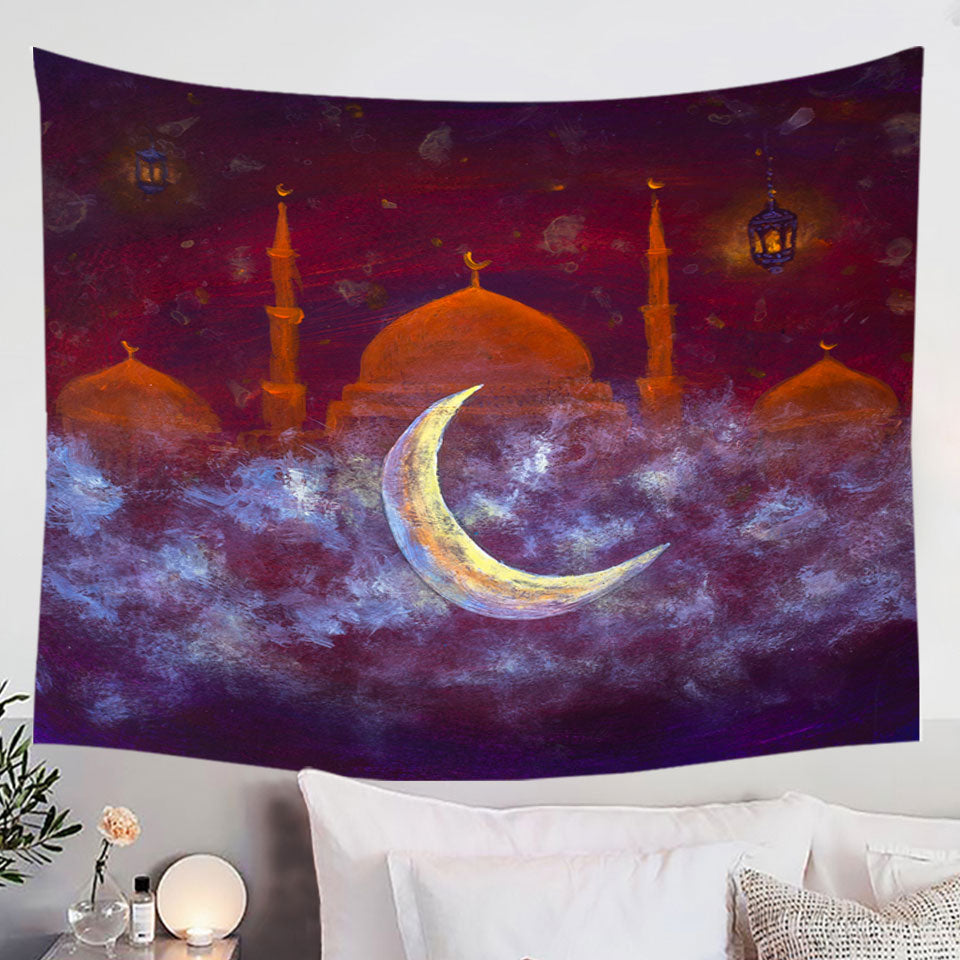 Purplish Wall Art Painting Mosque and Crescent Moon