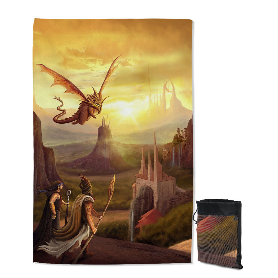 Quick Dry Beach Towel of Warriors and Dragon Fantasy Art
