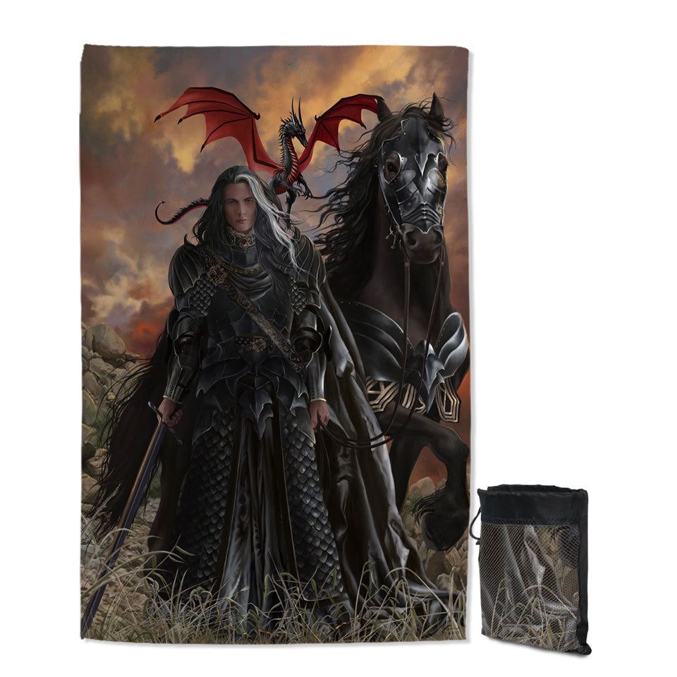 Quick Dry Beach Towel with Black Knight with His Horse and Dragon