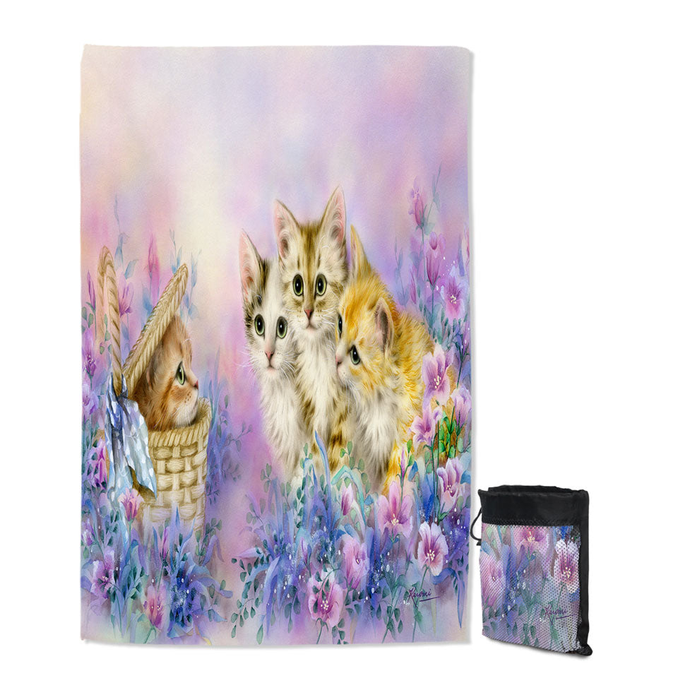 Quick Dry Beach Towel with Cats Art Adorable Cute Kittens in Flower Garden