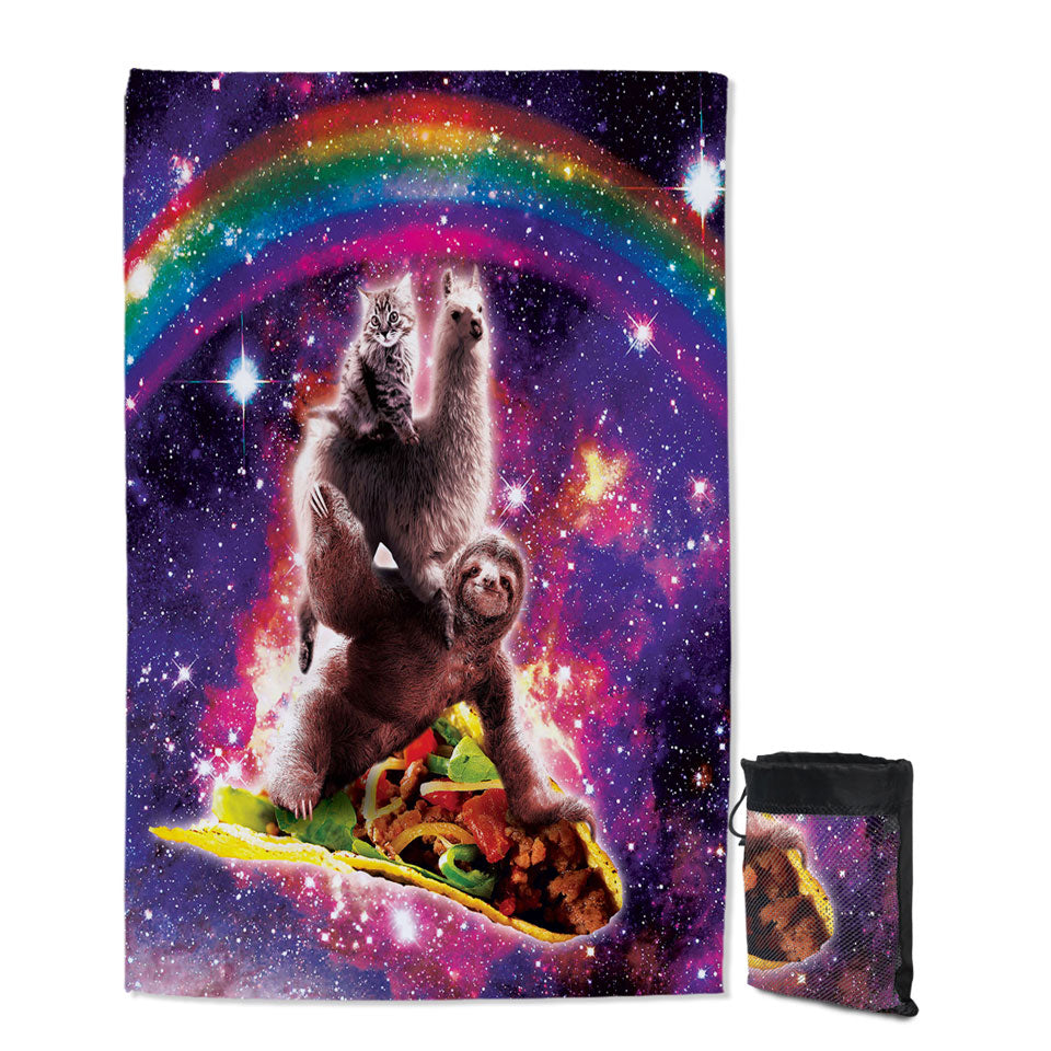 Quick Dry Beach Towel with Cool Funny Crazy Art Space Cat Llama Sloth Riding Taco
