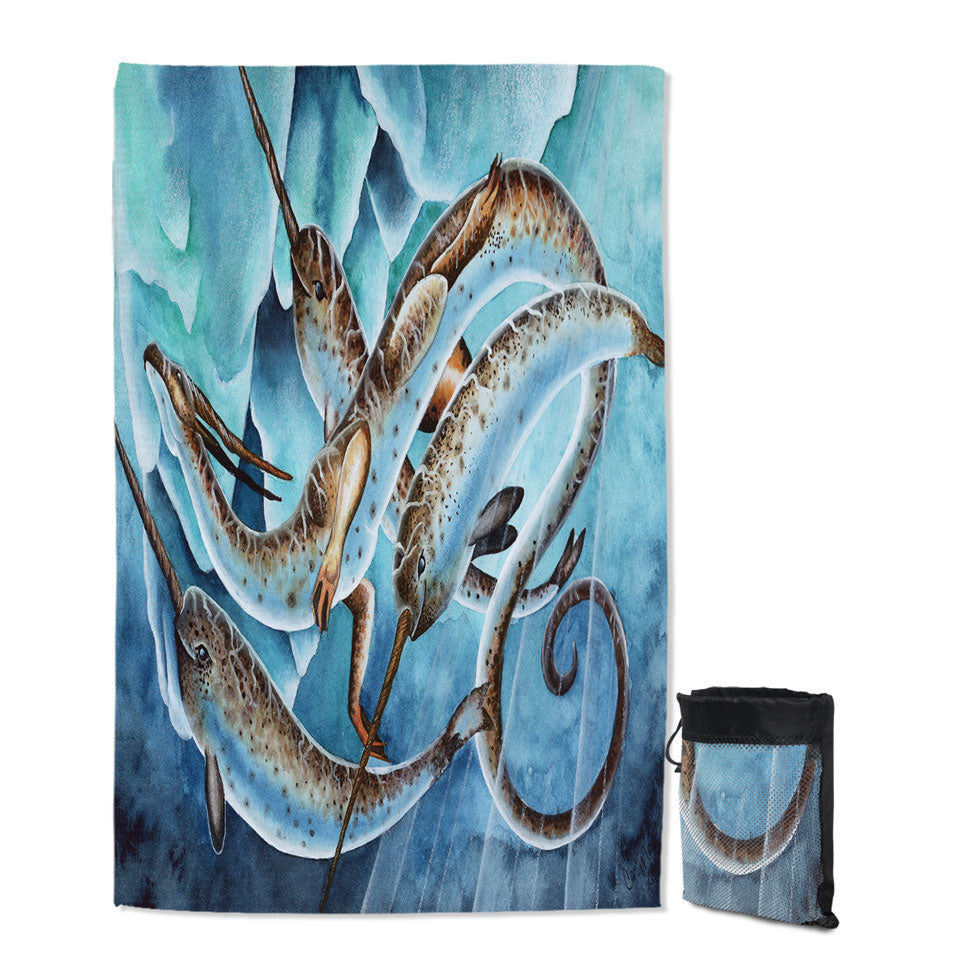 Quick Dry Beach Towel with Dragon and Fantasy Creatures Art Icy Depths