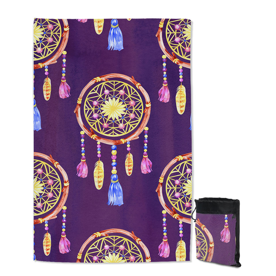 Quick Dry Beach Towel with Dream Catchers over Purple