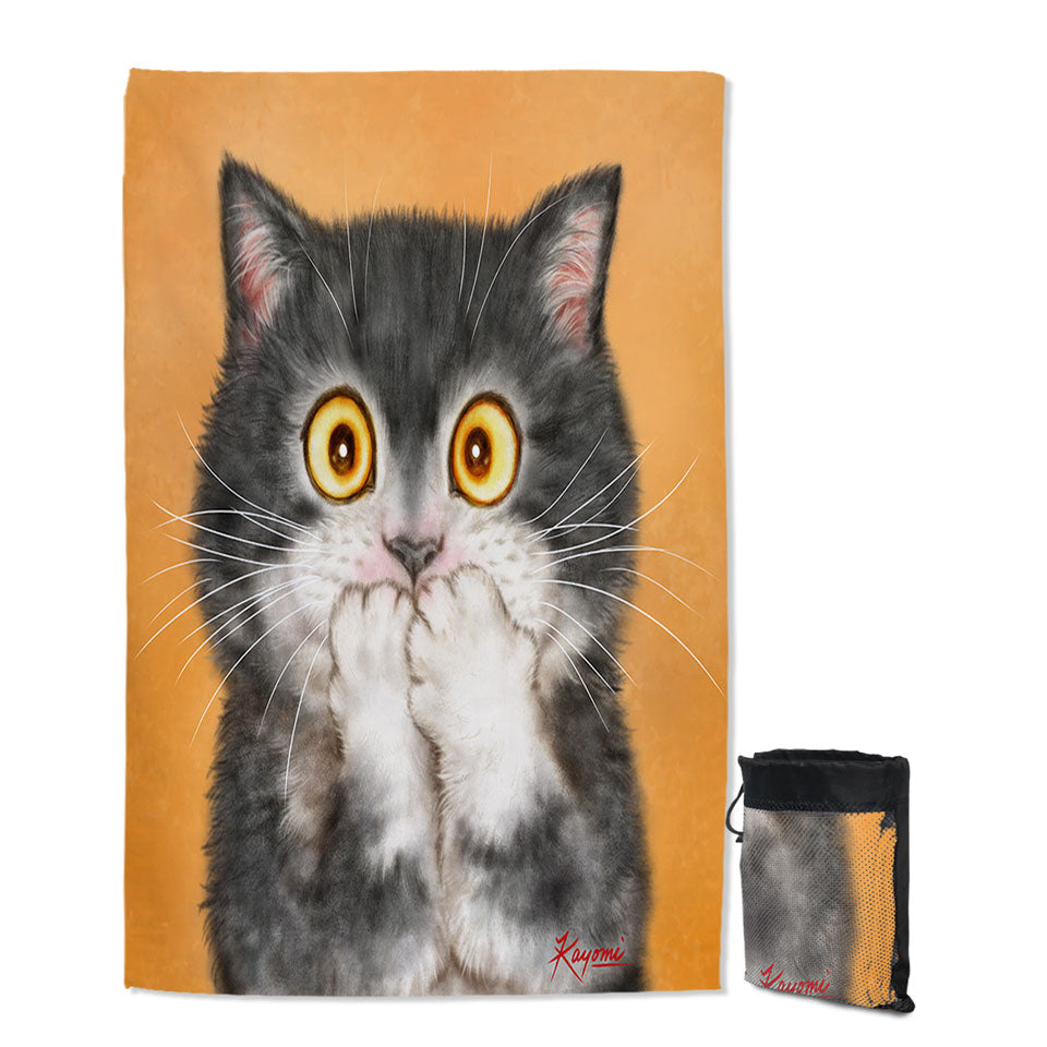 Quick Dry Beach Towel with Funny Painted Cats Grey Kitten in Shock