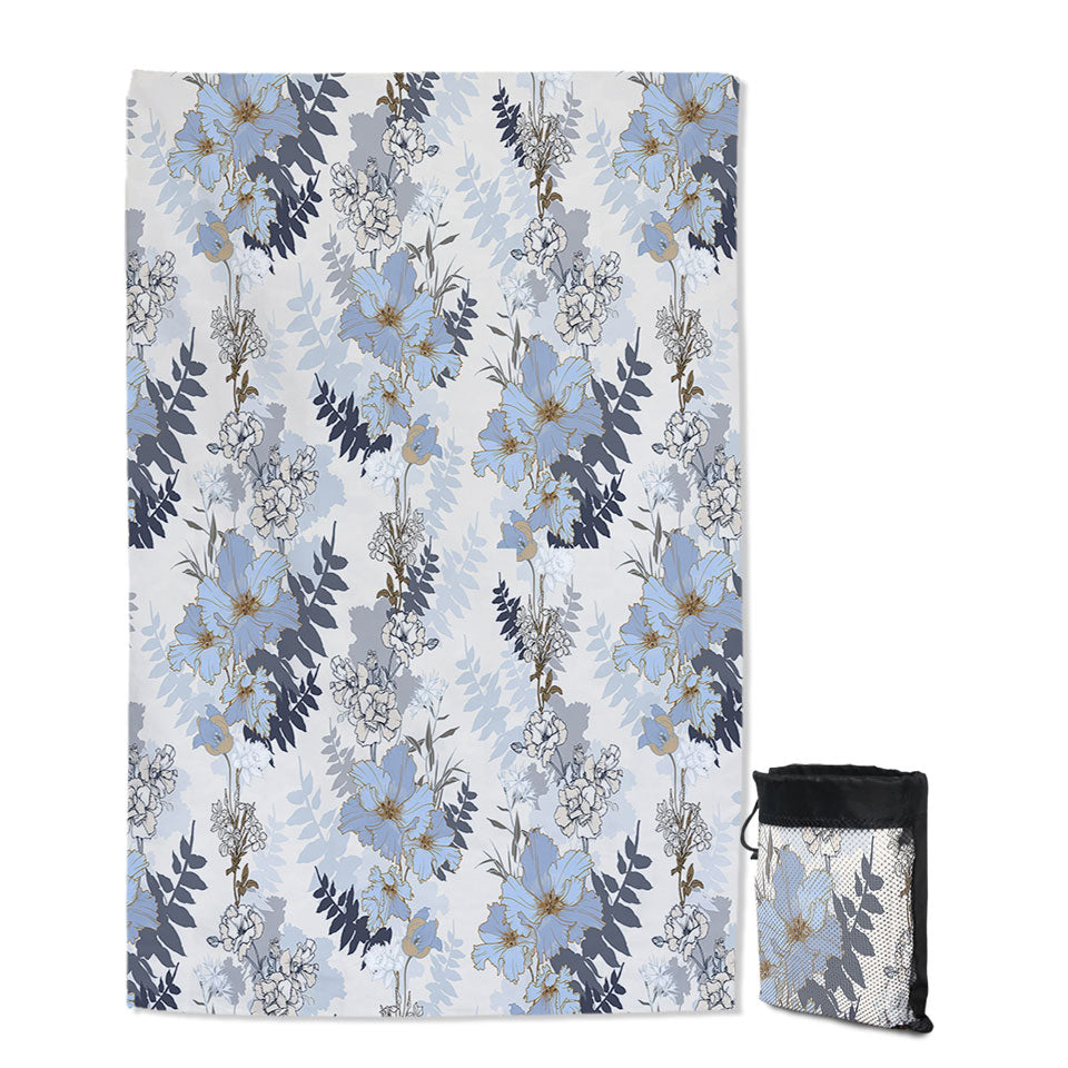 Quick Dry Beach Towel with Light Blue and White Flowers