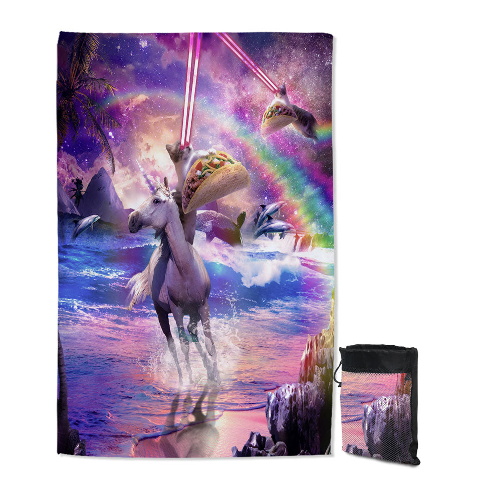 Quick Dry Beach Towels with Crazy Funny Art Laser Space Cat on Unicorn Eating Taco