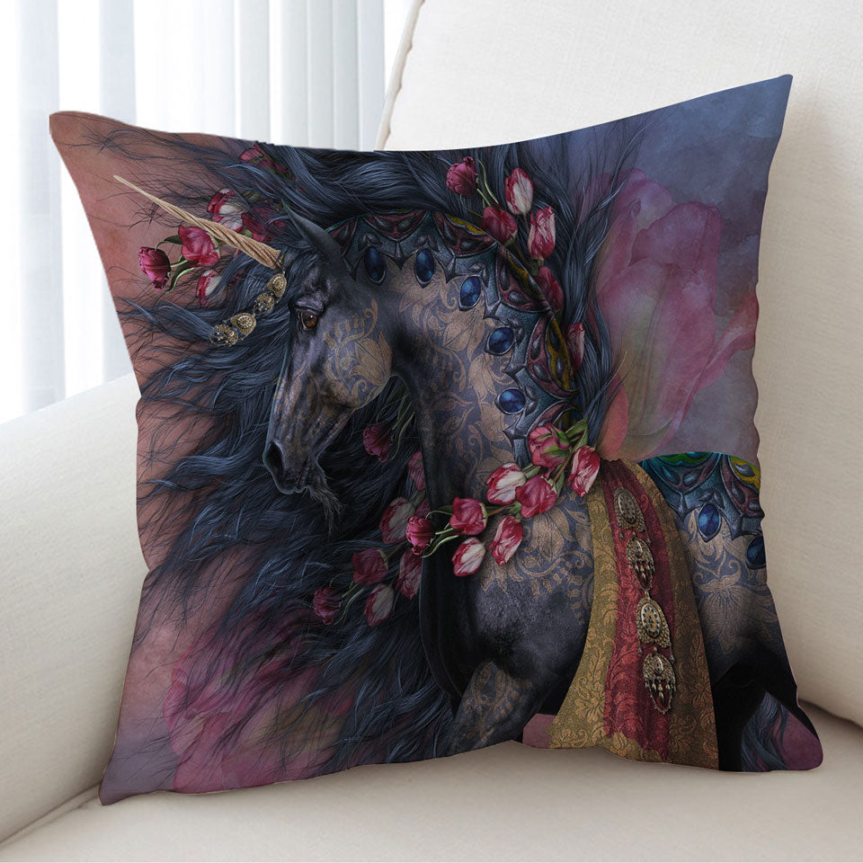 Raaf Black Oriental Unicorn and Roses Cushions