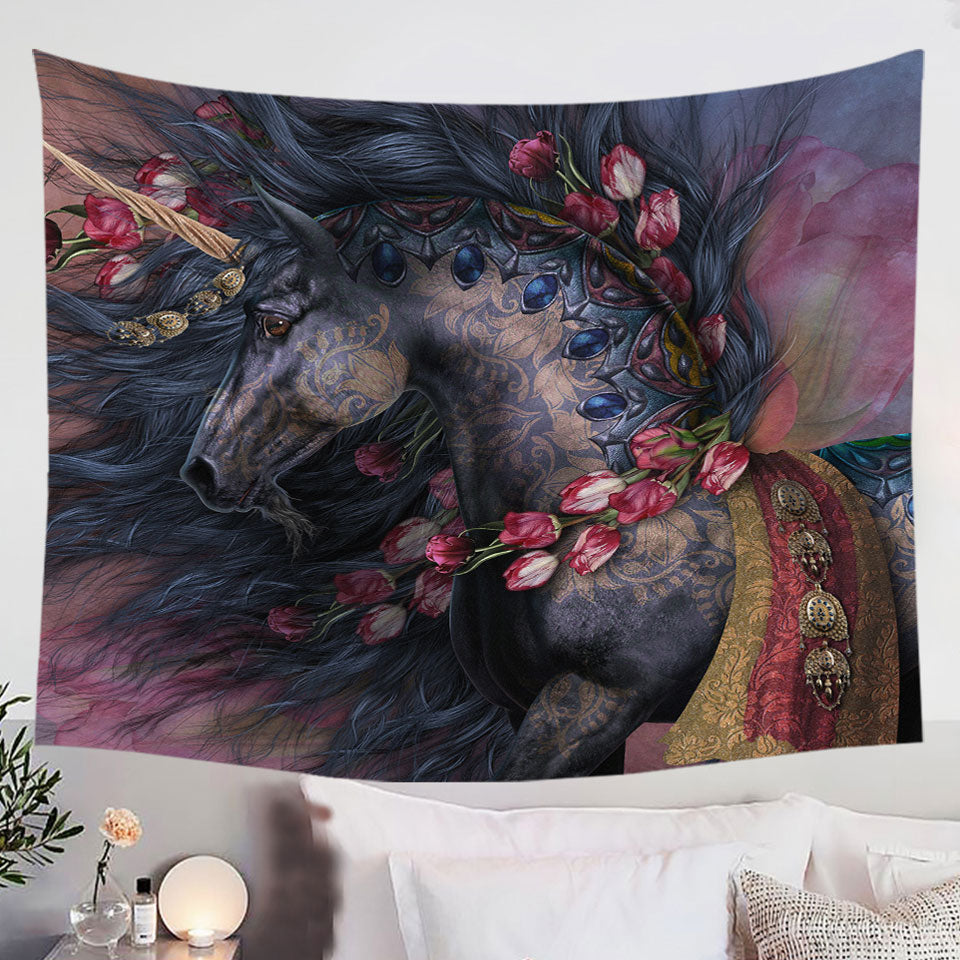 Raaf-Black-Oriental-Unicorn-and-Roses-Tapestry