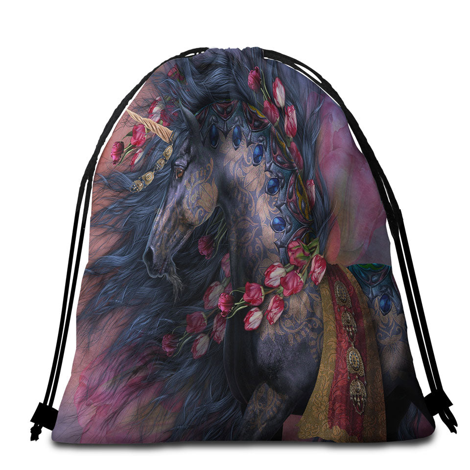 Raaf Black Oriental Unicorn and Roses Womens Beach Bags and Towels