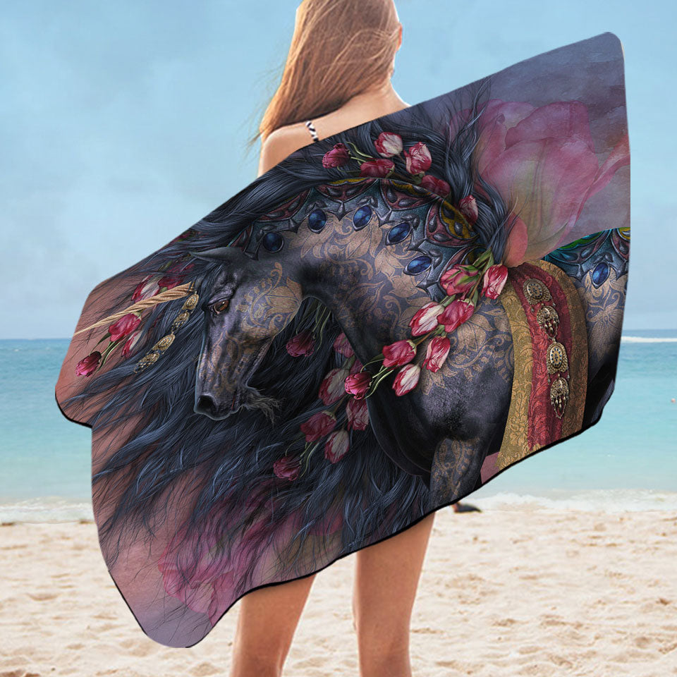 Raaf Black Oriental Unicorn and Roses Womens Beach Towel