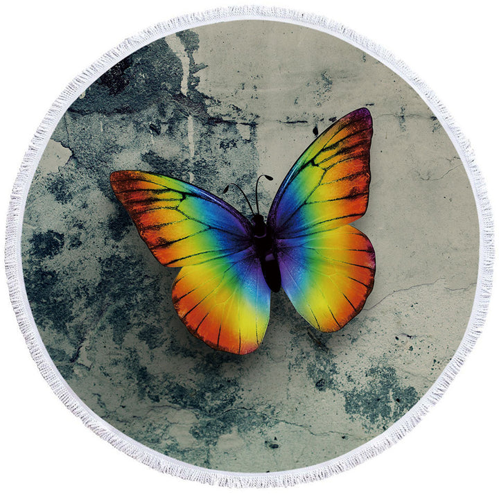 Rainbow Beach Towels with Butterfly Over Concrete