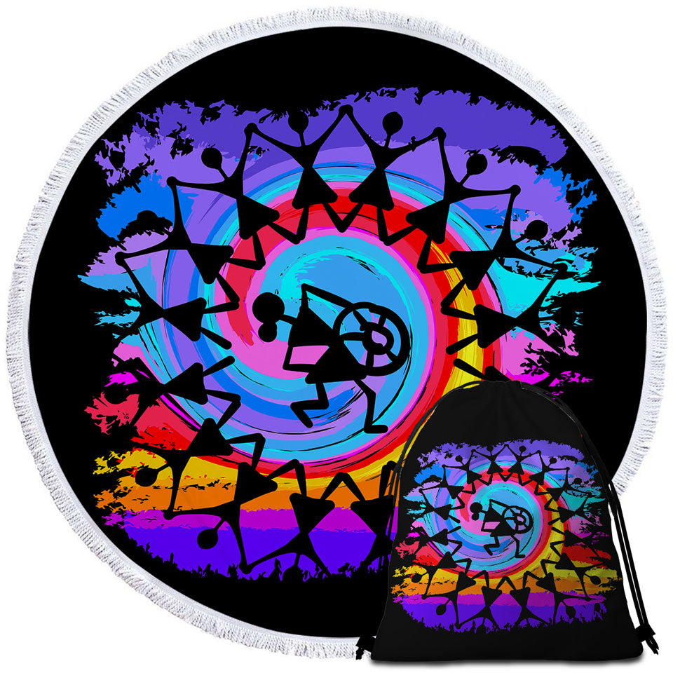 Rainbow Colored Round Beach Towel and Bag Set Peace Dance