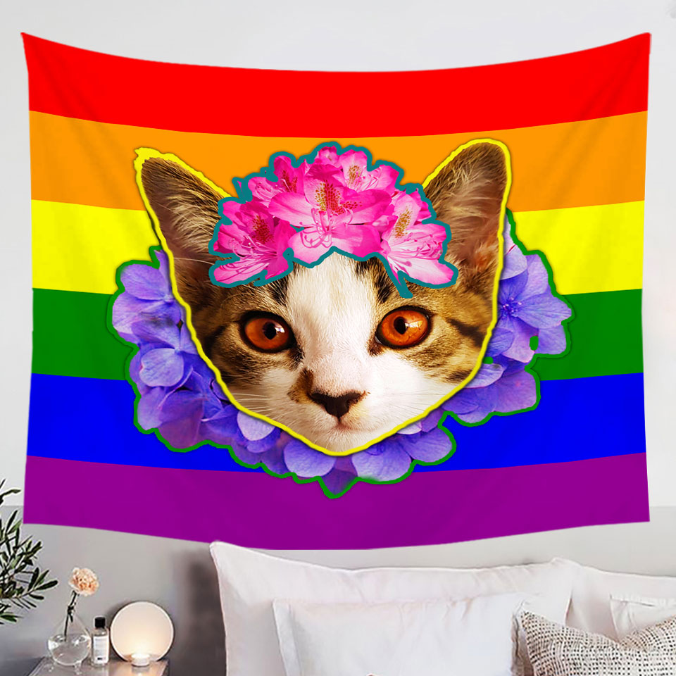 Rainbow Flag Adorable Flowery Kitten Wall Decor Tapestry