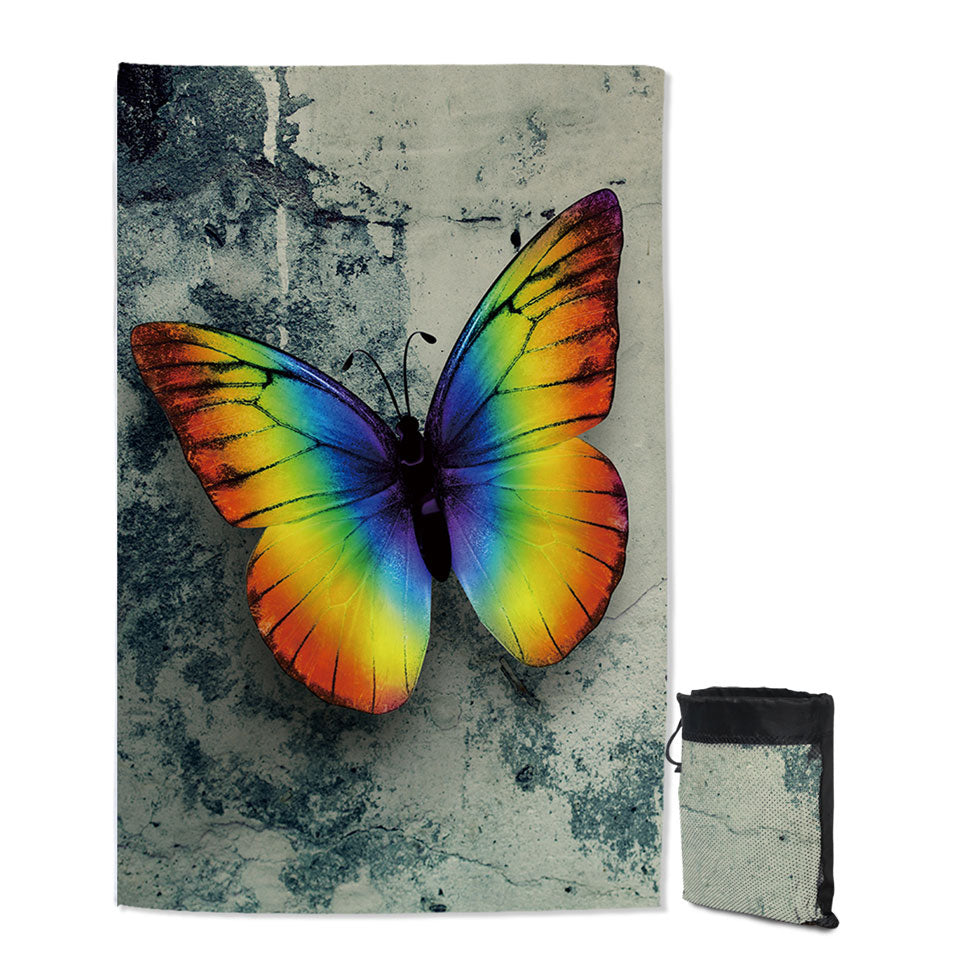 Rainbow Quick Dry Beach Towel Butterfly Over Concrete