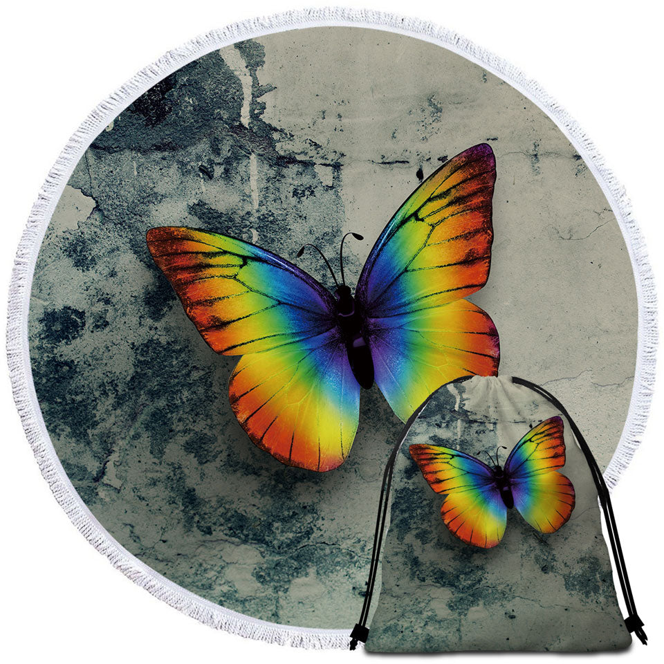 Rainbow Round Beach Towel with Butterfly Over Concrete
