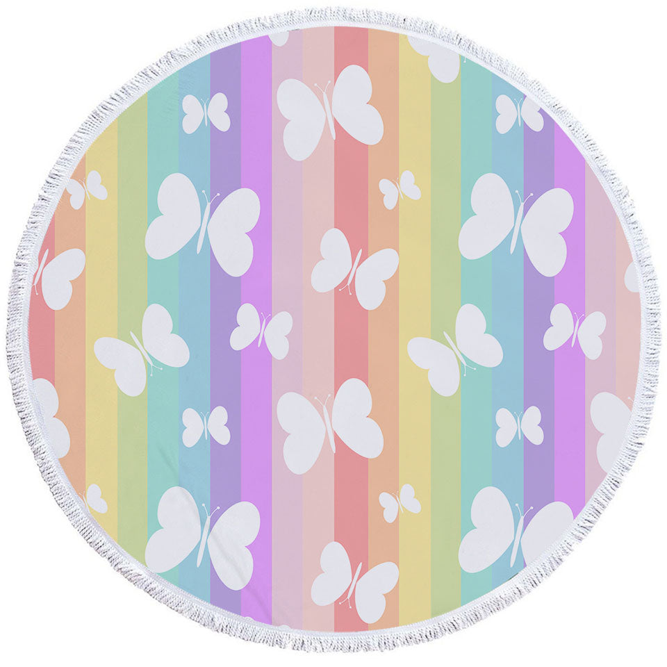 Rainbow Round Beach Towel with Stripes and Butterflies