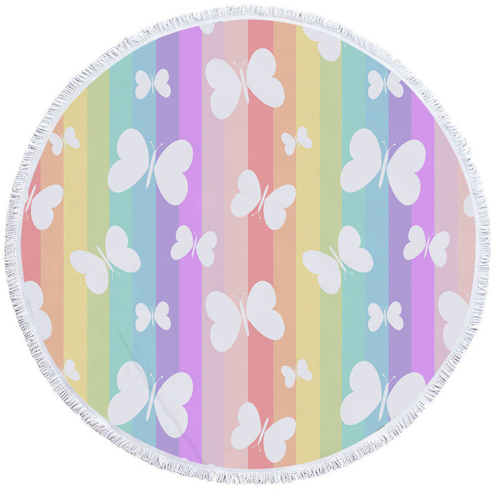 Rainbow Round Beach Towel with Stripes and Butterflies